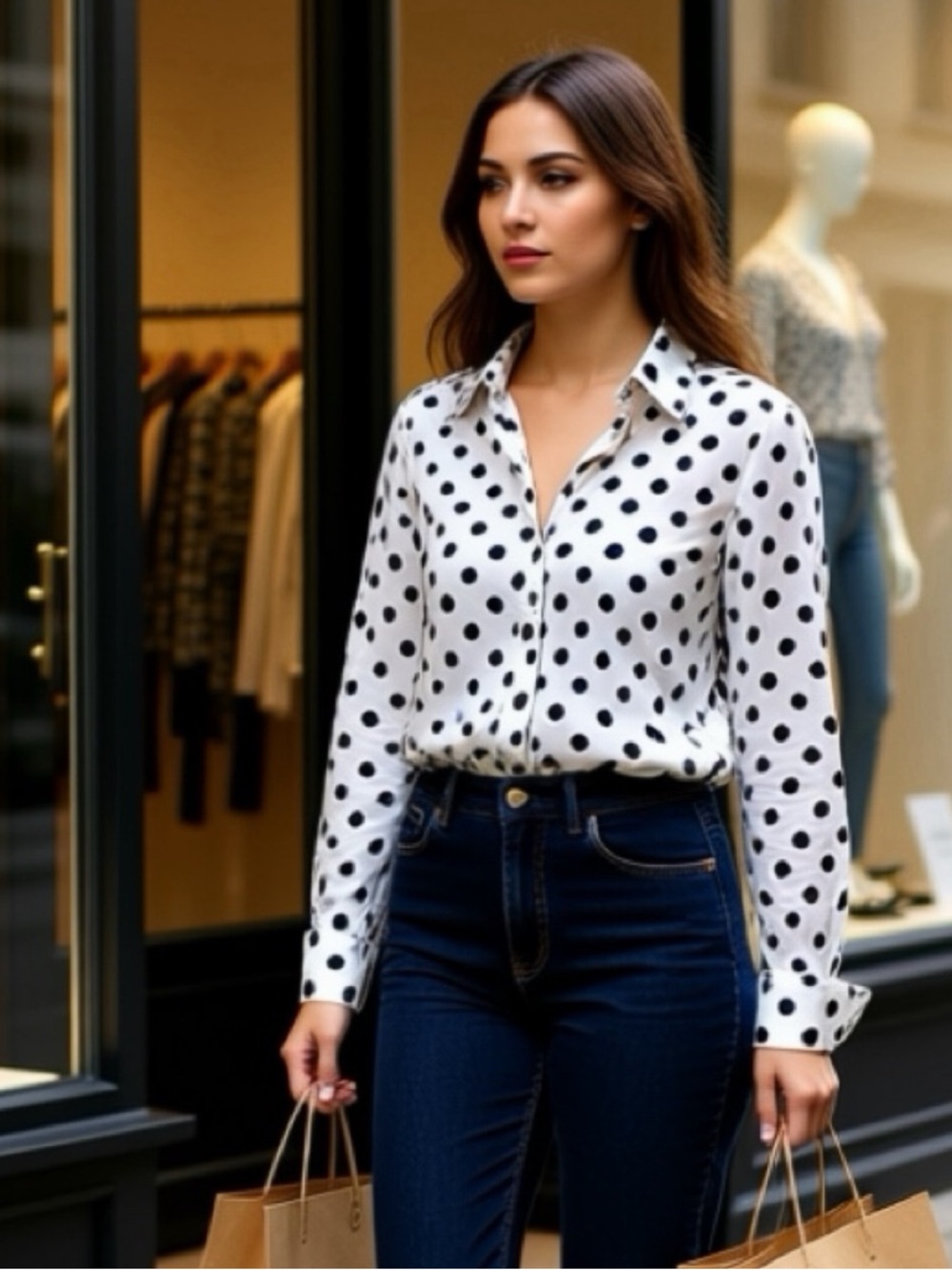 Boden White Button-Down Blouse with Black Polka Dots